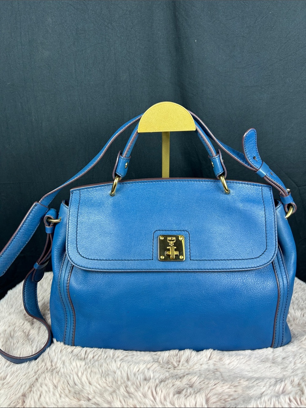 MCM München Vintage Cobalt Blue Leather 2-Way Satchel Crossbody